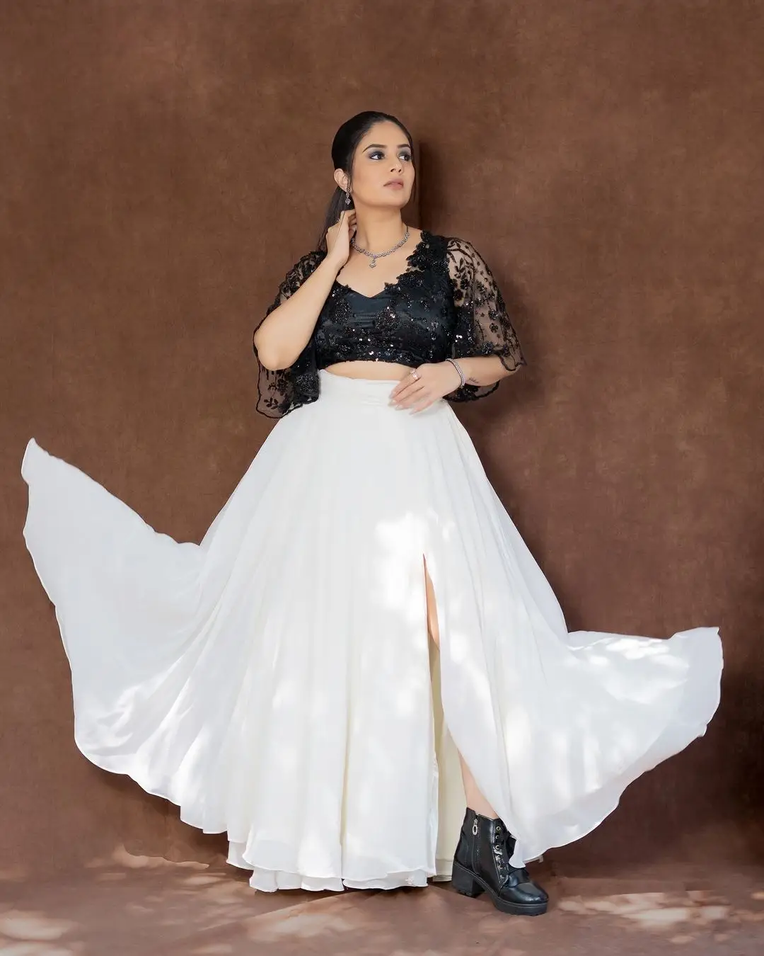 Maa TV Anchor Sreemukhi in White Lehenga Black Choli